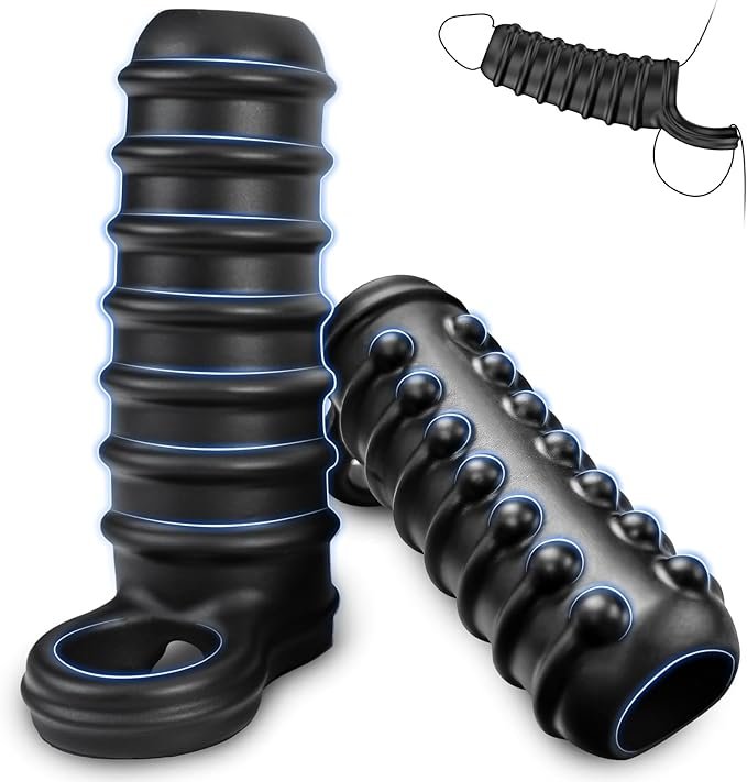 3D Textured Silicone Penis Extender Sleeve with Built-In Scrotum Ring
