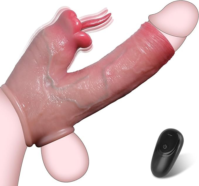 Vibrating Penis Sleeve with Tongue-Licking Clitoral Stimulator & Remote