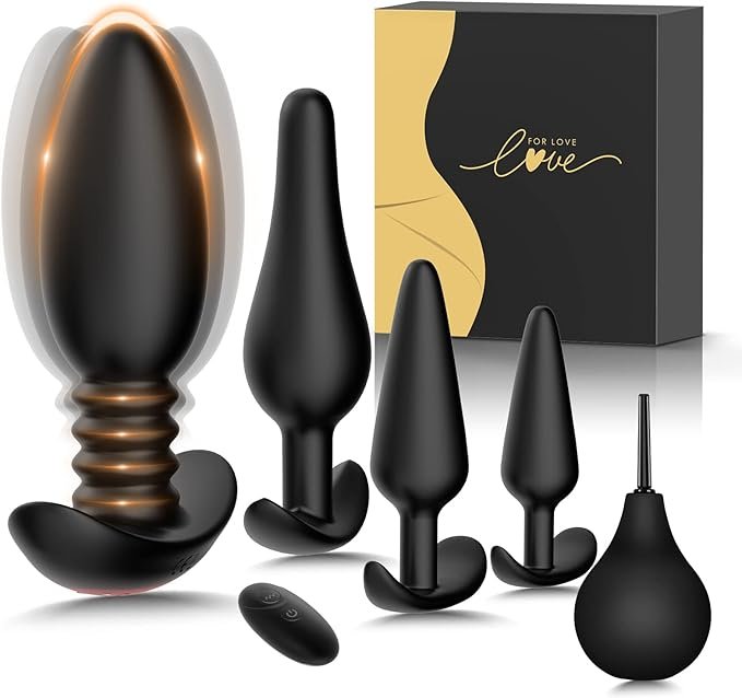Premium 5-Piece Remote Control Vibrating Anal Plug Training Kit with Enema Bulb
